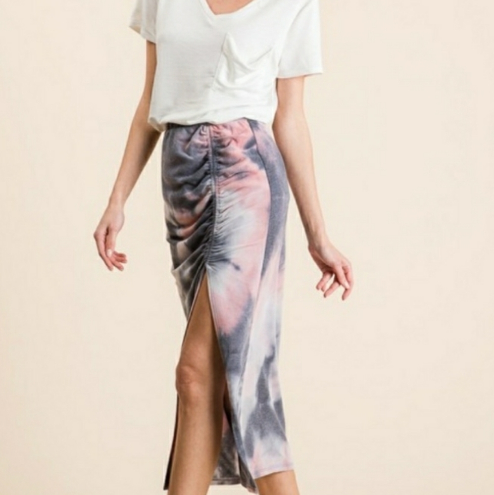 Tie Dye Fitted Midi Skirt With Slit - Picture 4 of 7